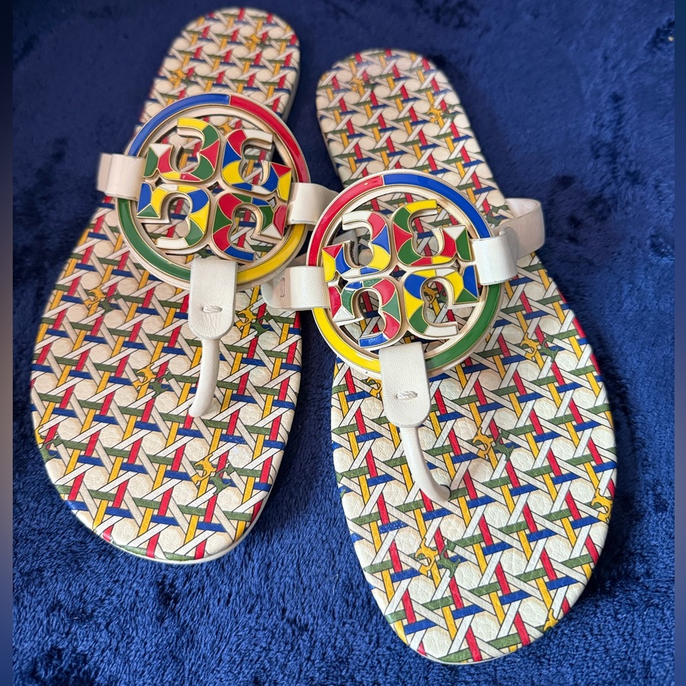 Tory Burch White Sandal Flip Flops with Multicolor Logo Medallions